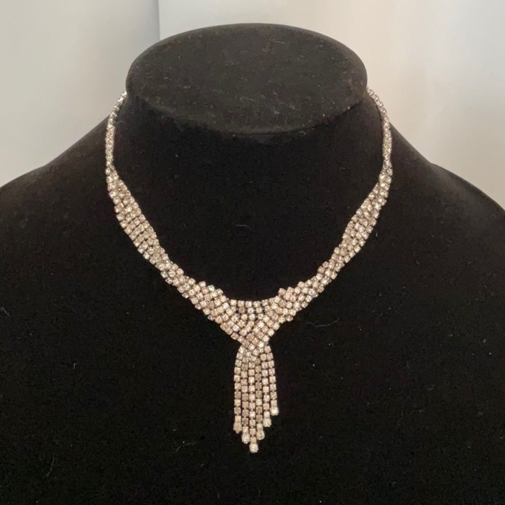 Vintage 1950s Clear White Rhinestone Tassel Pendant Necklace